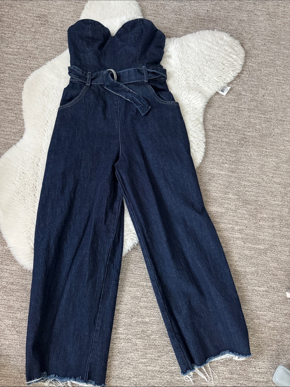 Zara Dark Blue Strapless Wide-Leg Denim Jumpsuit with Belt